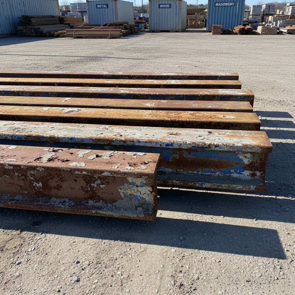 The image presents a collection of large metal beams, likely steel, with a surface exhibiting a rusted and weathered appea...