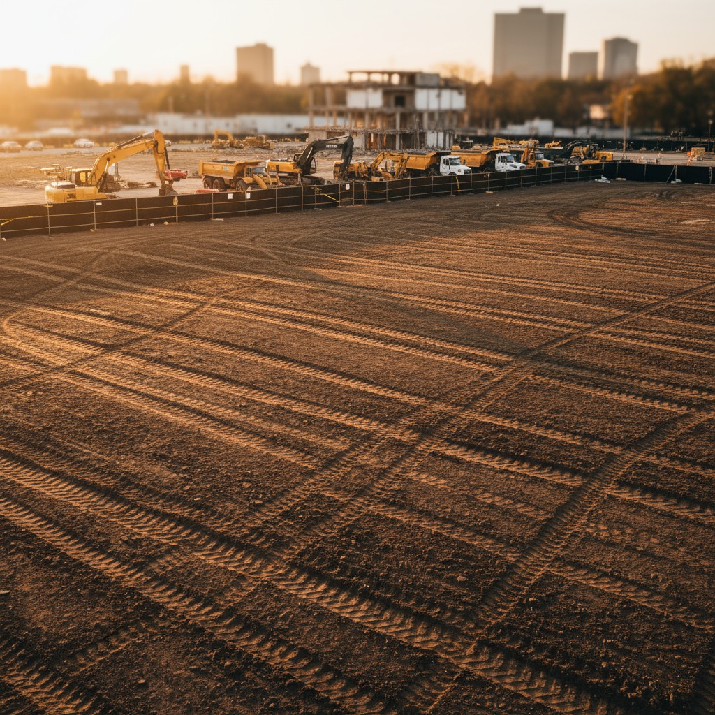 Construction site with excavators, buildings and other machinery, empty dirt lot with tire tracks on dirt.