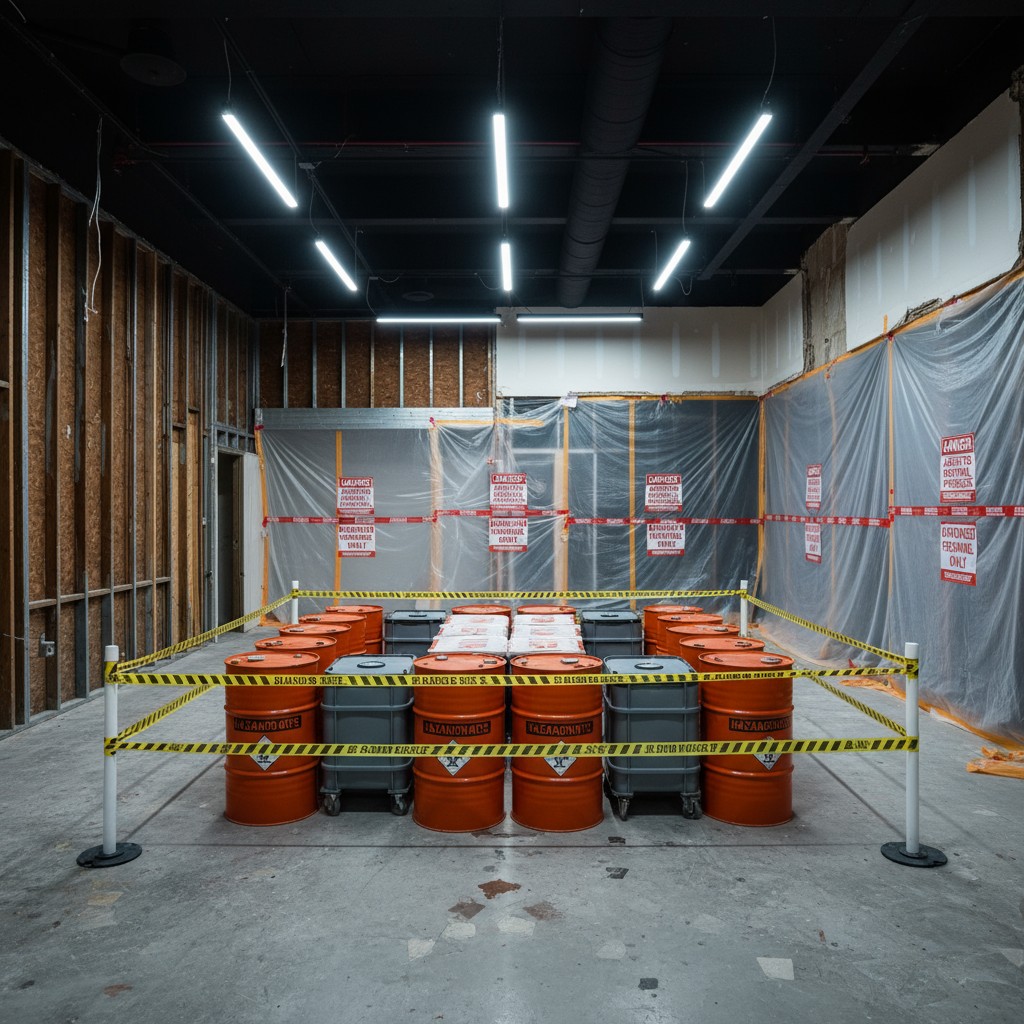 An interior construction site with a large collection of orange barrels and gray containers surrounded by warning signs an...